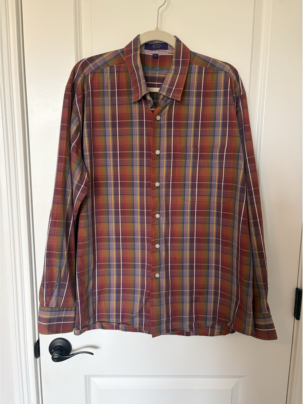 Alan Flusser Men's XL Long Sleeve Button Down Shirt Plaid Earthtones Retro